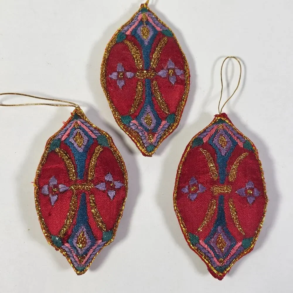 Vintage Pier 1 Embroidered Fabric Christmas Ornaments Red Gold Lot of 3 Holiday